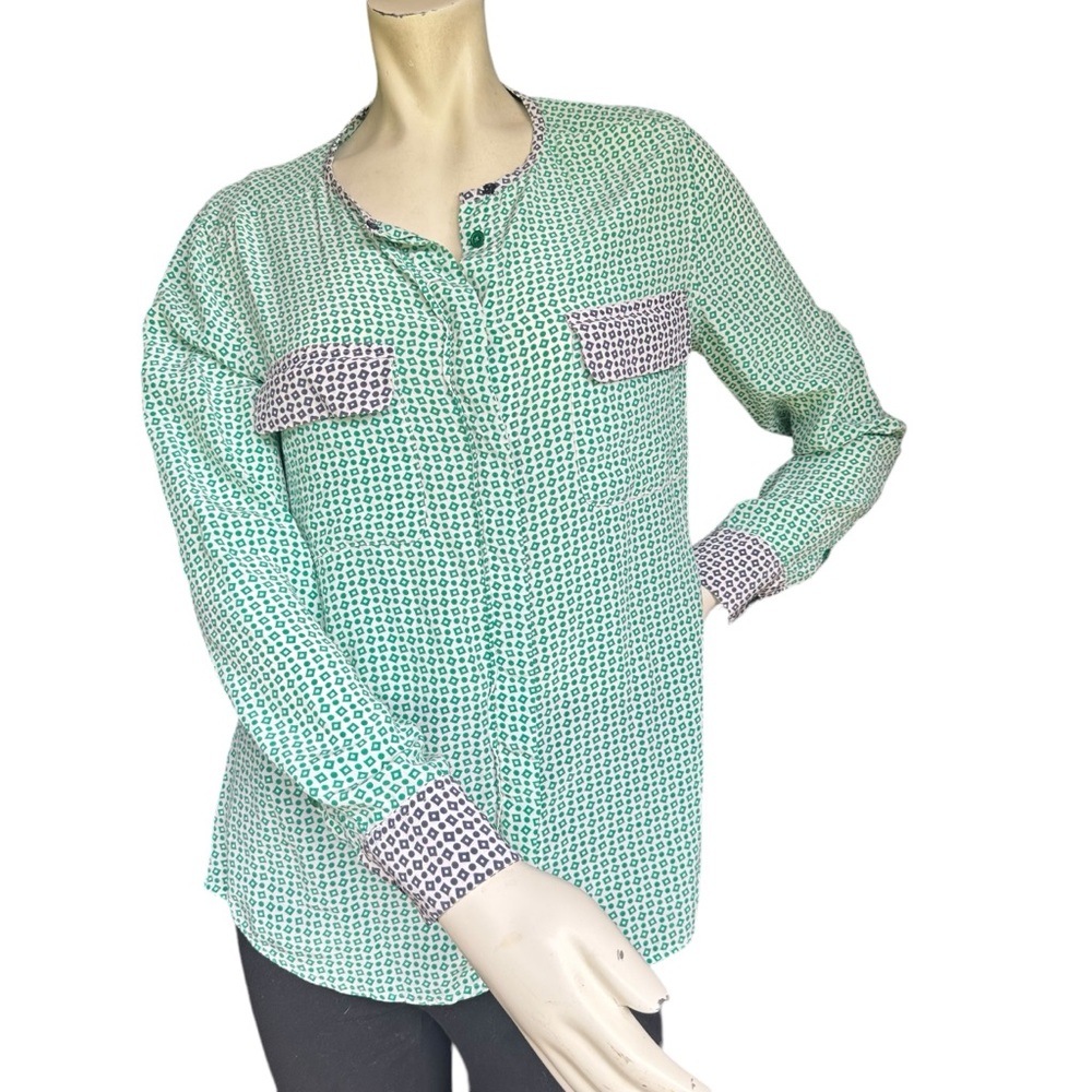 Equipment Femme Green White & Navy Geometric Print Silk Button Down Top Medium